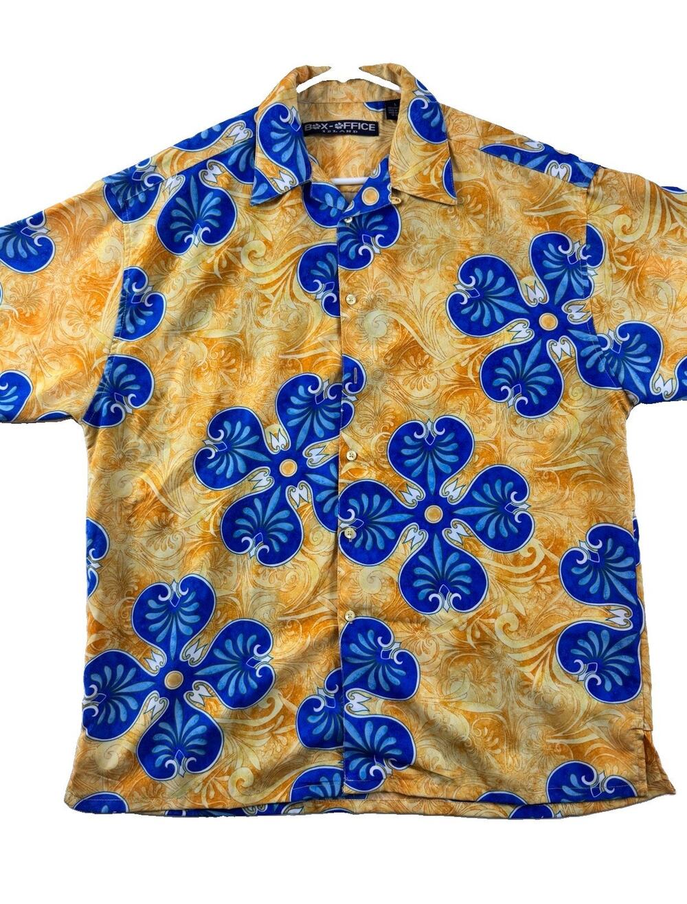 Vintage Box Office Island Hawaiian Tropical Shirt Yellow Blue Floral L